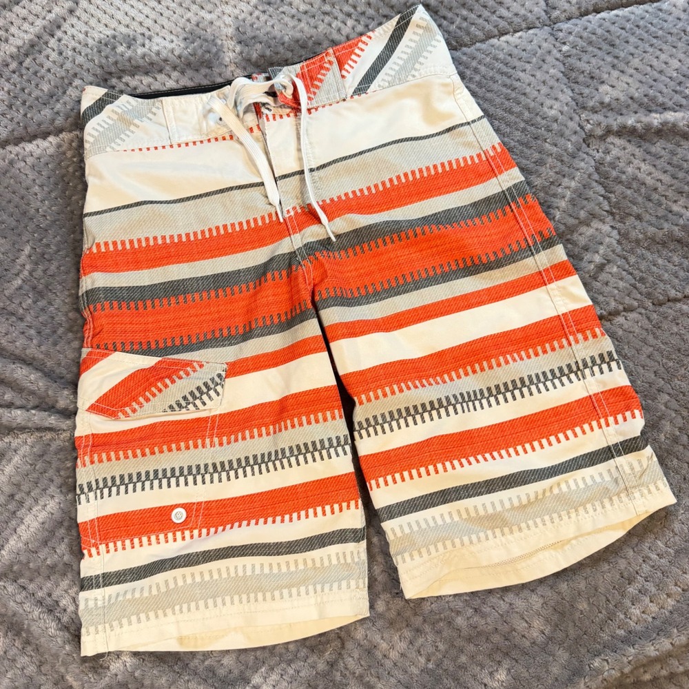 Mossimo Supply Co Mens Board Shorts Orange Grey Stripe Swim Trunks Size 28